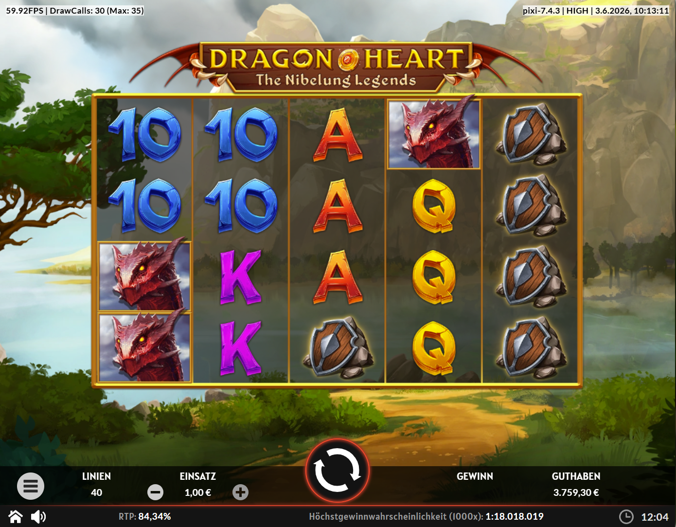 Dragonheart-The-Nibelung-Legends-Slot mit Drachenk&ouml;pfen, Schildern und A‑K‑Q‑10.
