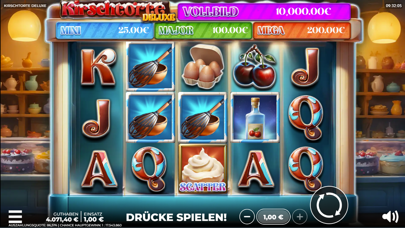 Kirschtorte-Deluxe-Slot mit Scatter‑Sahne, Schneebesen‑Wilds, Eiern, Kirschen und Lik&ouml;rflasche.