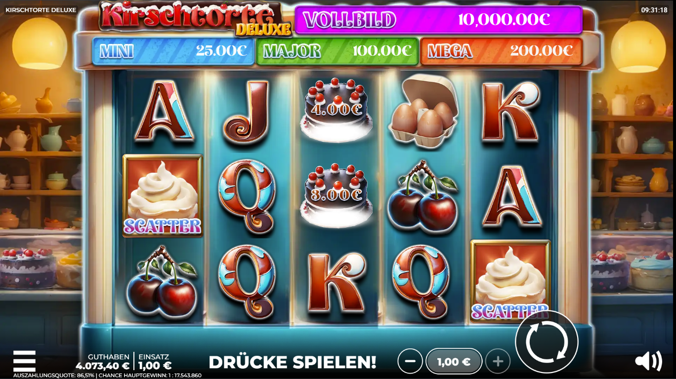 Kirschtorte-Deluxe-Slot mit Sahne‑Scatter, Kirschen, Kuchen‑Gewinnen, Eiern und A‑K‑Q‑J.