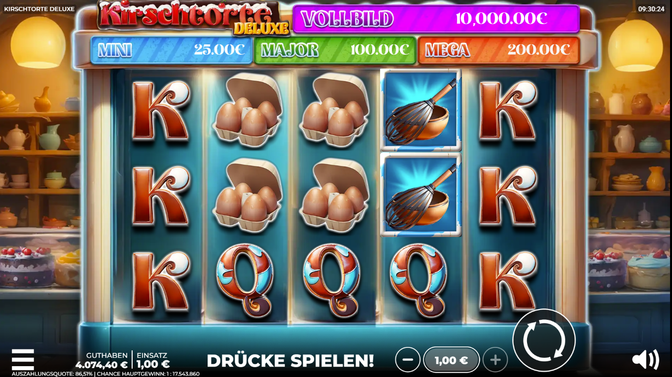Kirschtorte-Deluxe-Slot mit Eiern, Schneebesen, K‑Q‑Symbolen und Backstuben‑Design.
