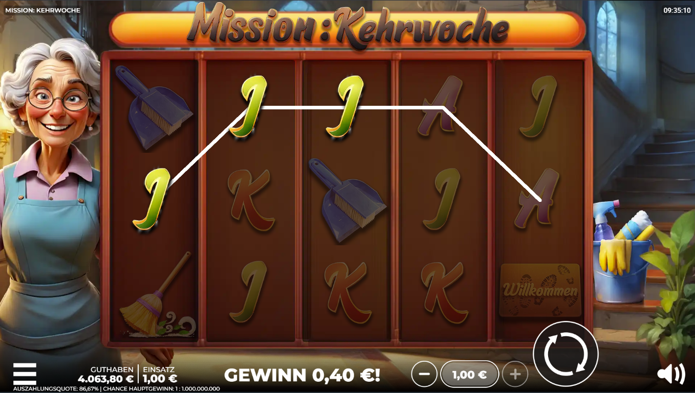 Mission-Kehrwoche-Slot mit Gewinnlinie, J‑Symbolen, Besen, Kehrschaufel und Mappe.