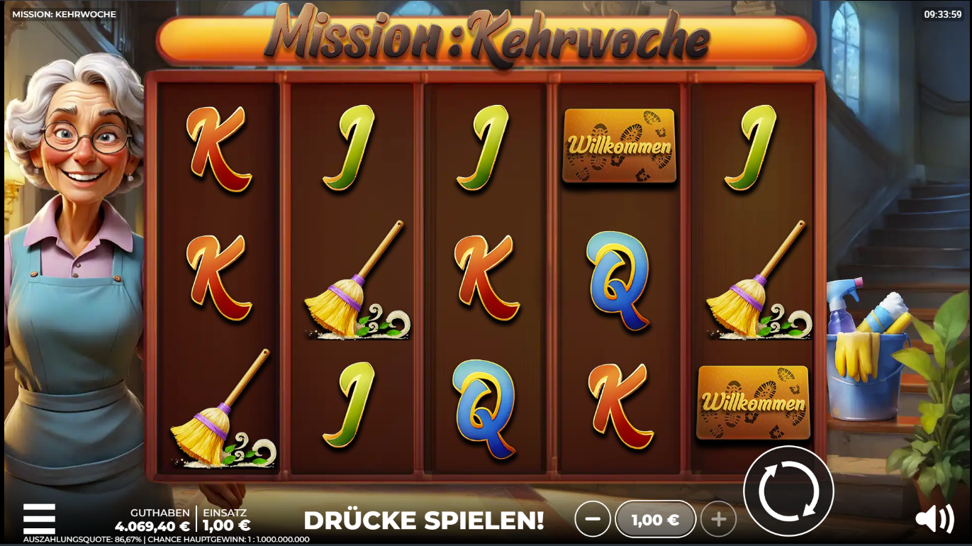 Mission-Kehrwoche-Slot mit Besen, Willkommensmappe und A‑K‑Q‑J‑Symbolen.