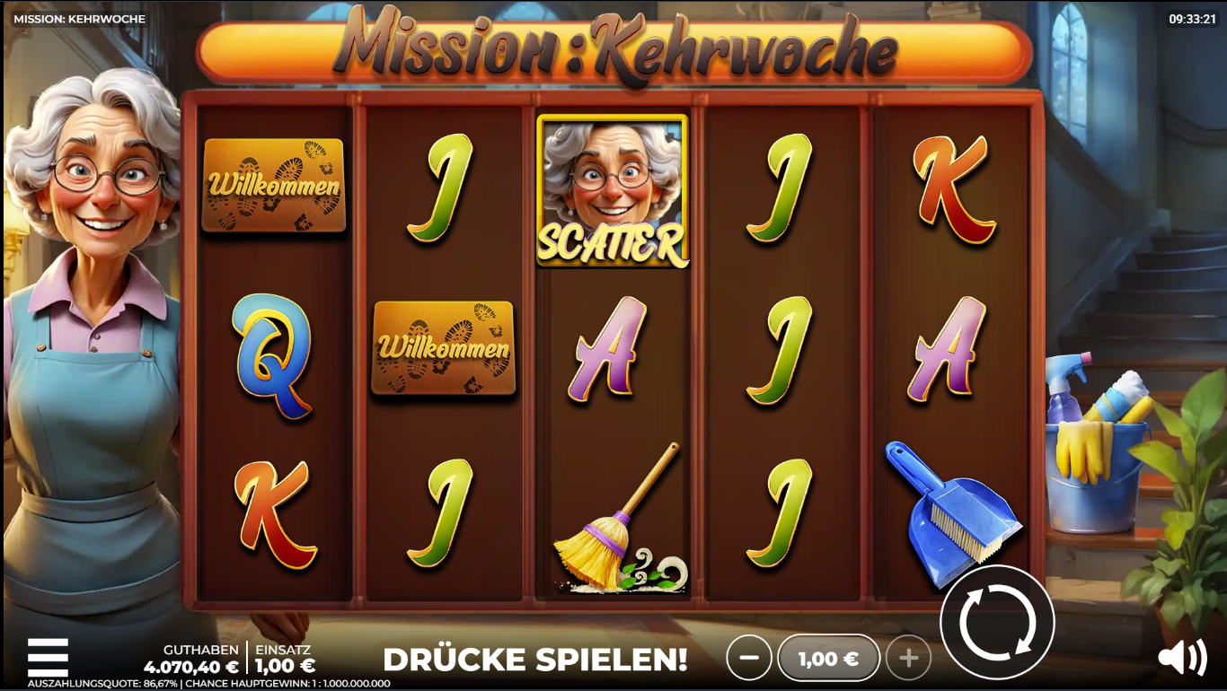 Mission-Kehrwoche-Slot mit Oma‑Scatter, Besen, Kehrschaufel und A‑K‑Q‑J.
