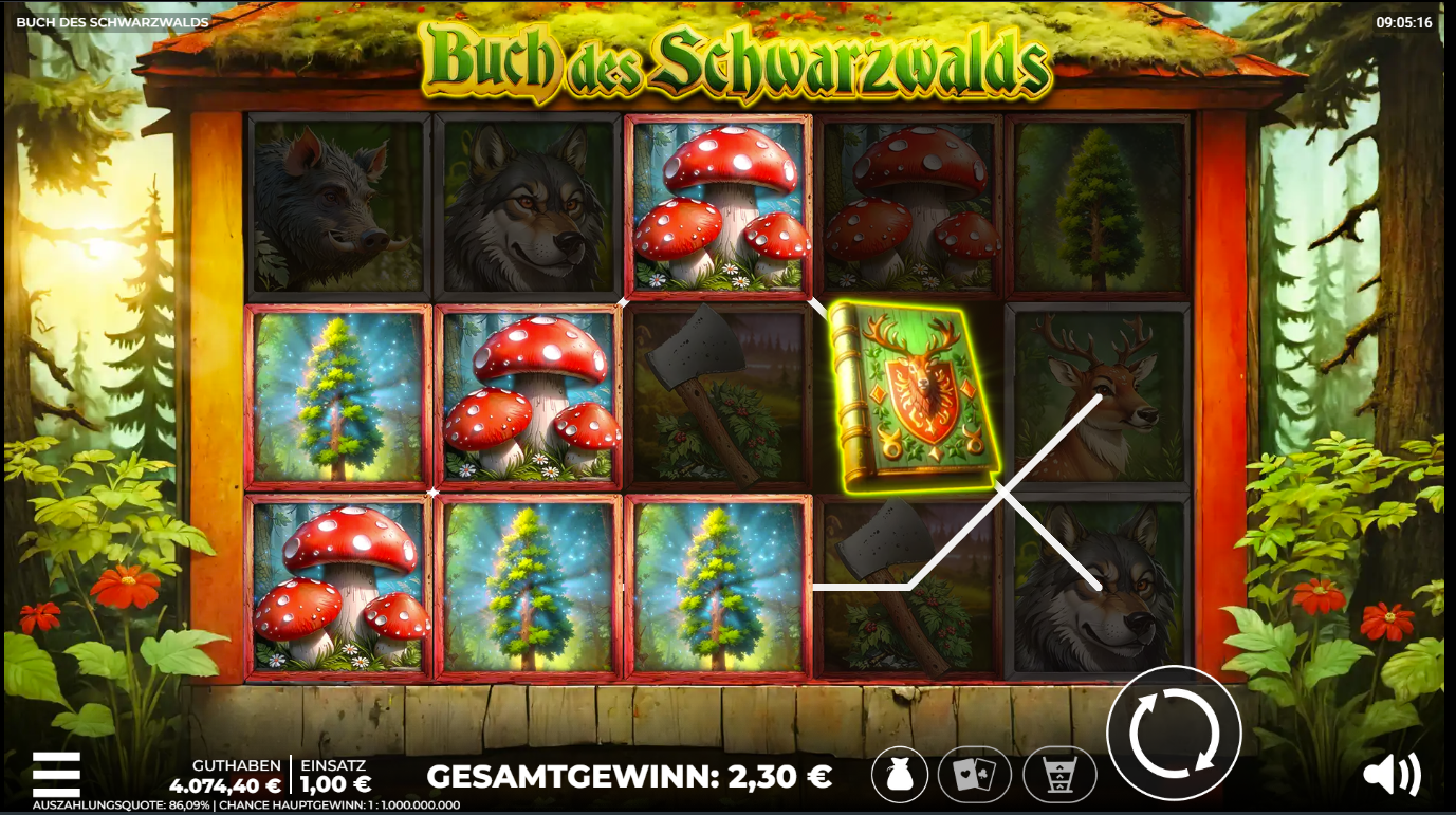 Buch-des-Schwarzwalds-Slot mit leuchtendem Buch‑Scatter, Pilzen, B&auml;umen und Gewinnlinie.