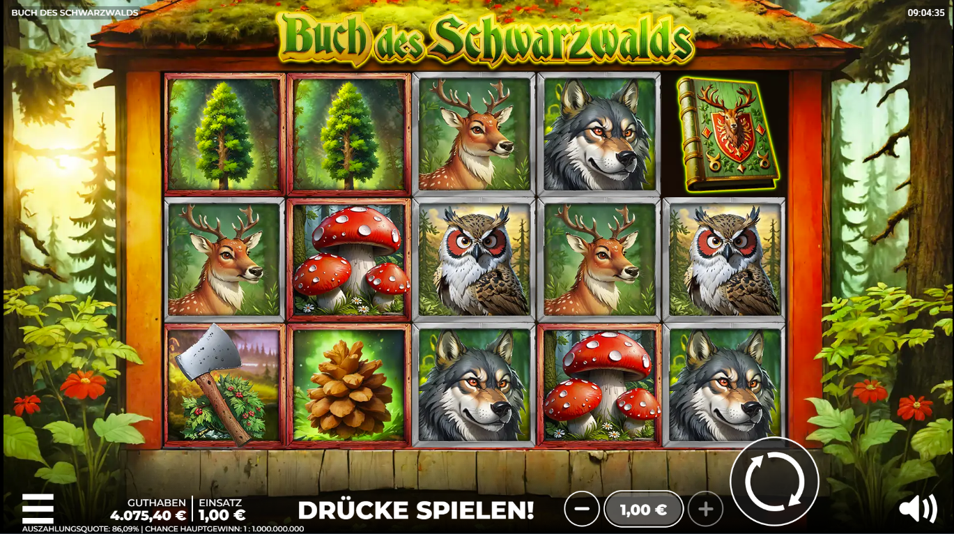 Buch-des-Schwarzwalds-Slot mit Buch‑Wild, Wolf, Reh, Eule, B&auml;umen und Pilzen.