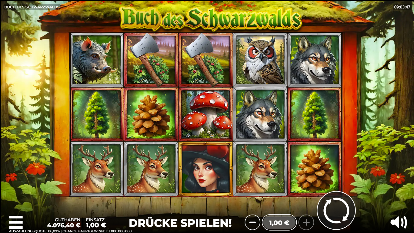 Buch-des-Schwarzwalds-Slot mit Wildschwein, Wolf, Eule, Hirsch, Pilzen und Zapfen.