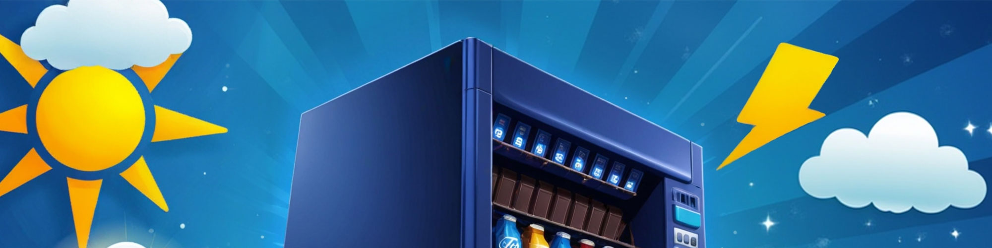 Getr&auml;nkeautomat mit einer Sonne links und einem Blitz rechts mit Wolken