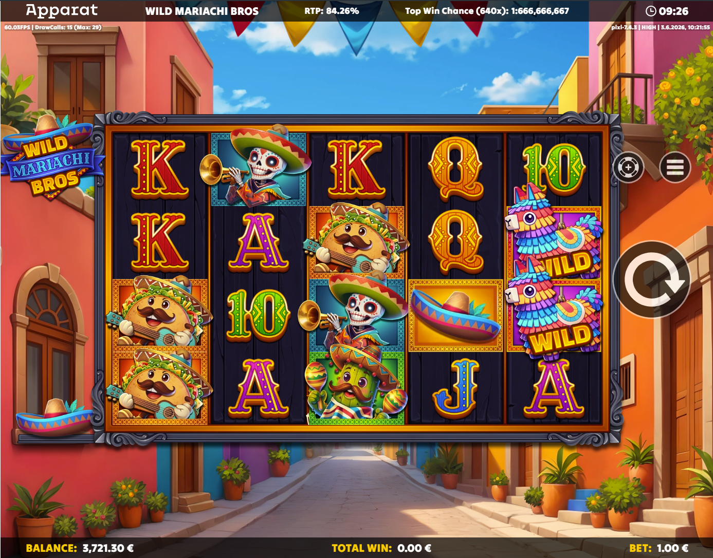 Wild-Mariachi-Bros-Slot mit Pi&ntilde;ata‑Wilds, Mariachi‑Figuren, Sombrero und Maracas.