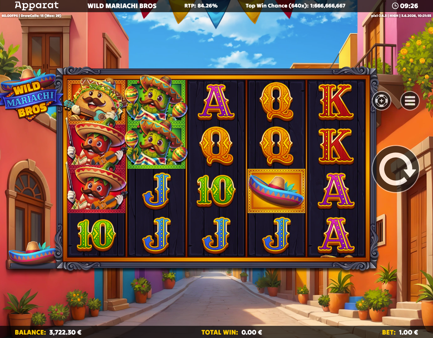Wild-Mariachi-Bros-Slot mit Mariachi‑Portr&auml;ts, Sombrero, A‑K‑Q‑J‑10 und Maracas.
