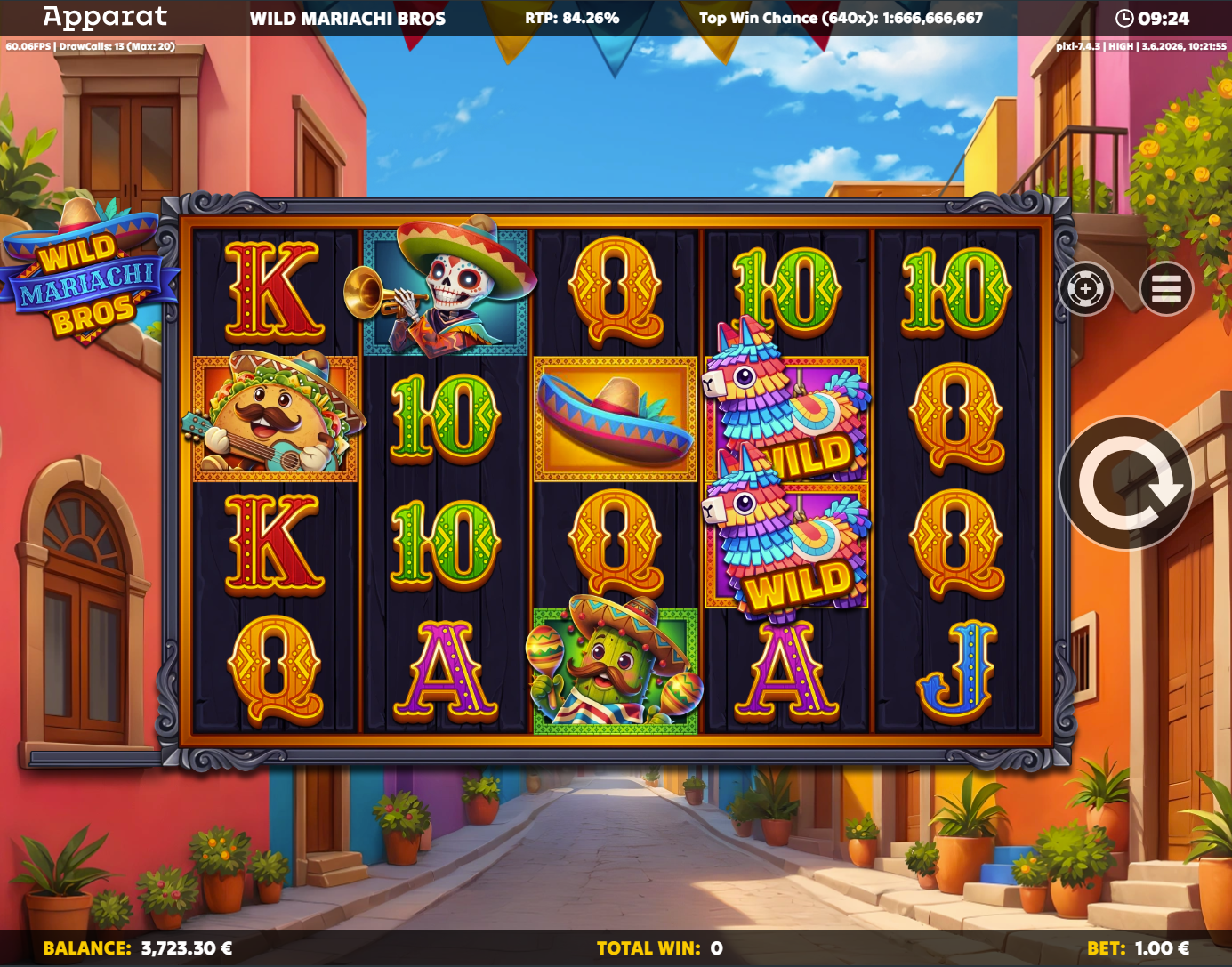 Wild-Mariachi-Bros-Slot mit Mariachis, Pi&ntilde;ata‑Wilds, Sombrero und A‑K‑Q‑J‑10.