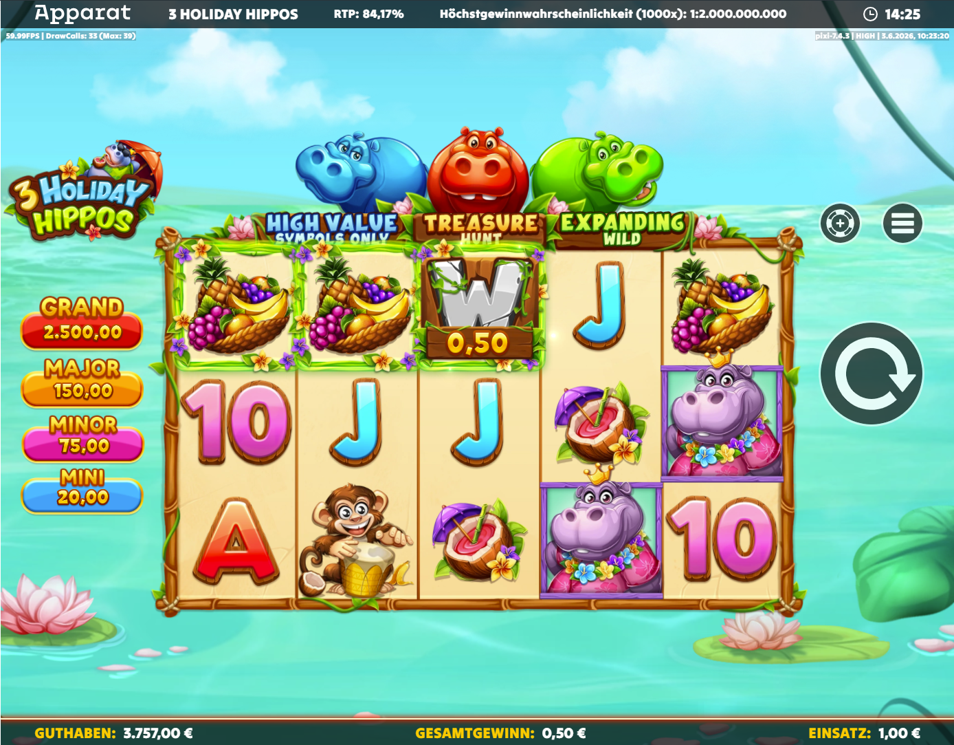 3-Holiday-Hippos-Slot mit Fr&uuml;chtek&ouml;rben, Nilpferden, Affe, Cocktail‑Kokosnuss und Wild.
