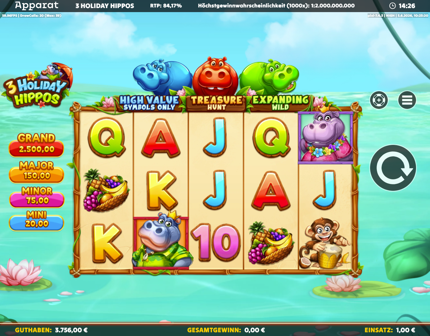3-Holiday-Hippos-Slot mit Nilpferden, Affe, Fr&uuml;chtekorb und A‑K‑Q‑J‑10‑Symbolen.