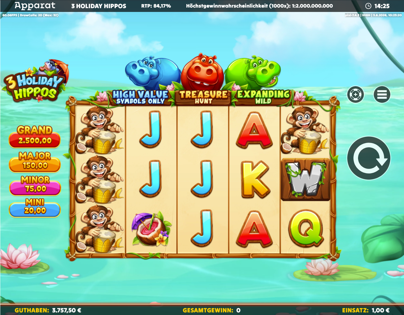 3-Holiday-Hippos-Slot mit Affen, Kokosnuss‑Wild, A‑K‑Q‑J und Nilpferd‑Features.