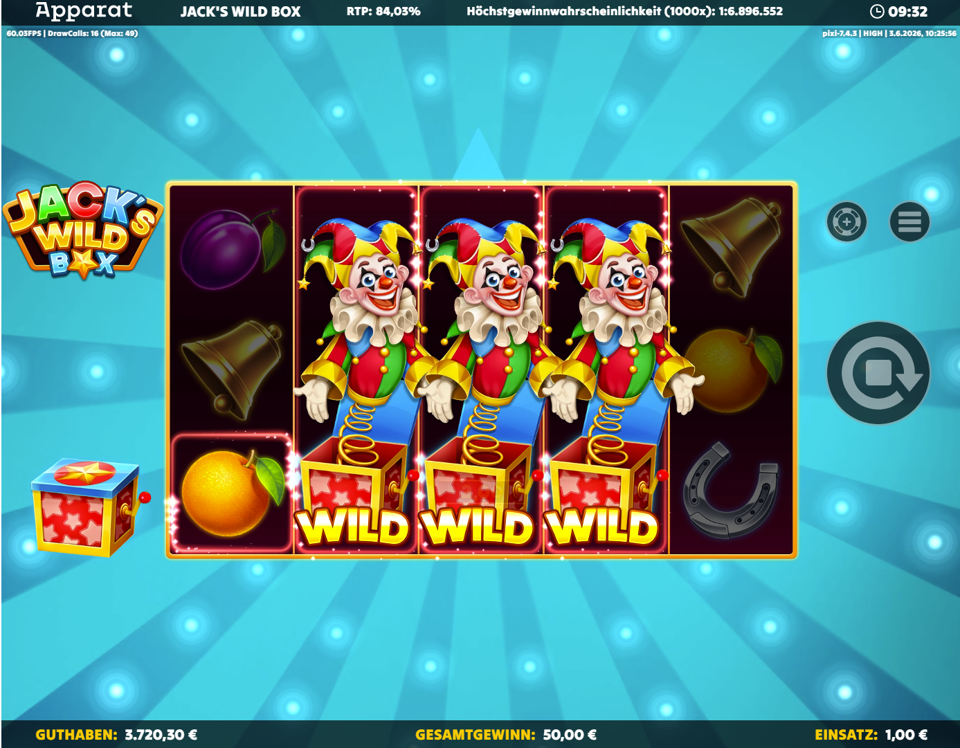 Jack's-Wild-Box-Slot mit Joker‑Wilds, Glocke, Hufeisen, Orange und Pflaume.