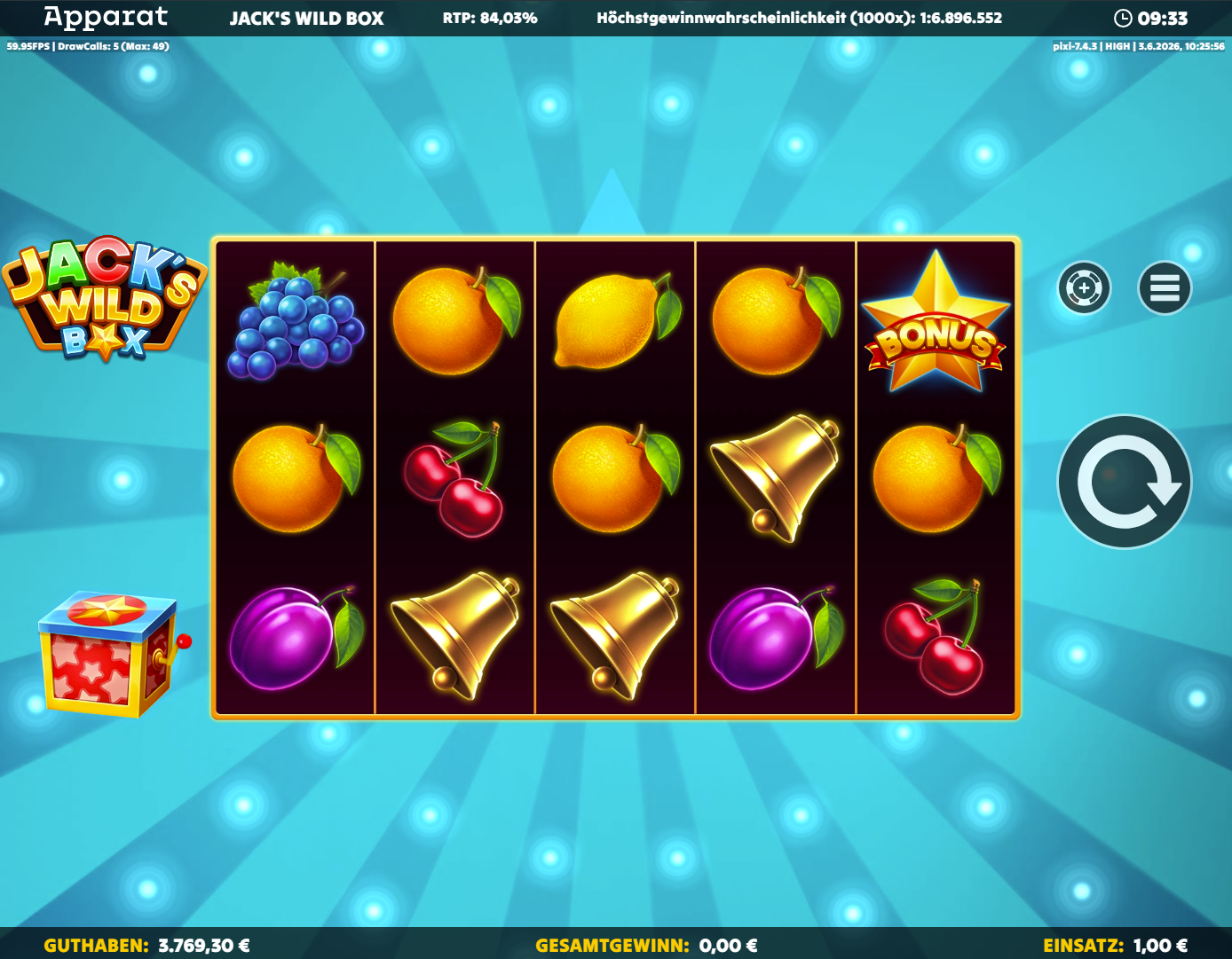 Jack's-Wild-Box-Slot mit Bonus‑Stern, Glocken, Orangen, Kirschen, Pflaumen und Trauben.