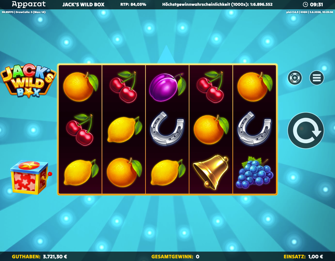 Jack's-Wild-Box-Slot mit Kirschen, Zitronen, Orangen, Glocke, Hufeisen und Trauben.