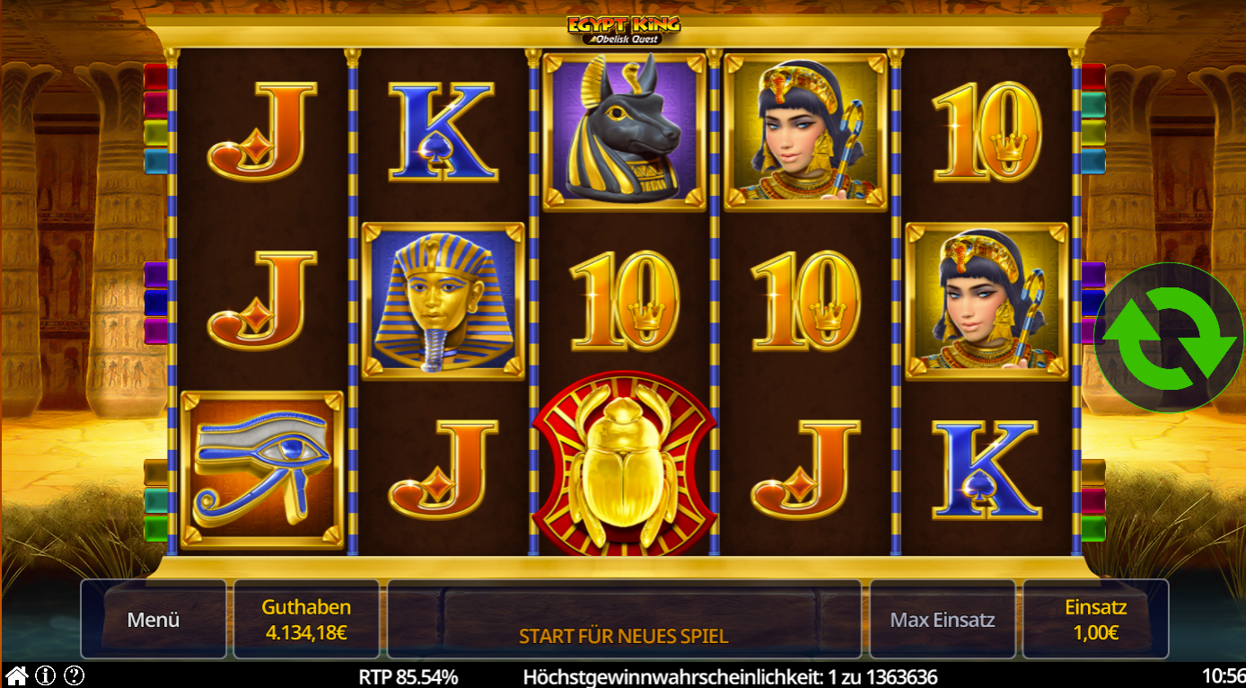 Egypt-King-Obelisk-Quest-Slot mit Skarab&auml;us, Auge des Horus, Anubis, Pharao und Symbolen.