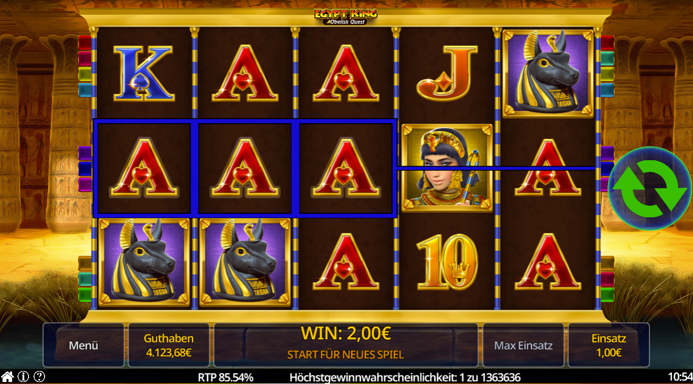 Egypt-King-Obelisk-Quest-Slot mit Gewinnlinie, A‑Symbolen, Anubis‑Statuen und K&ouml;nigin.