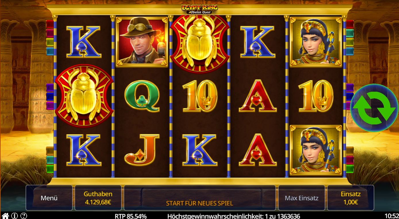 Egypt-King-Obelisk-Quest-Slot mit Skarab&auml;us, Abenteurer, K&ouml;nigin und A‑K‑Q‑J‑10.