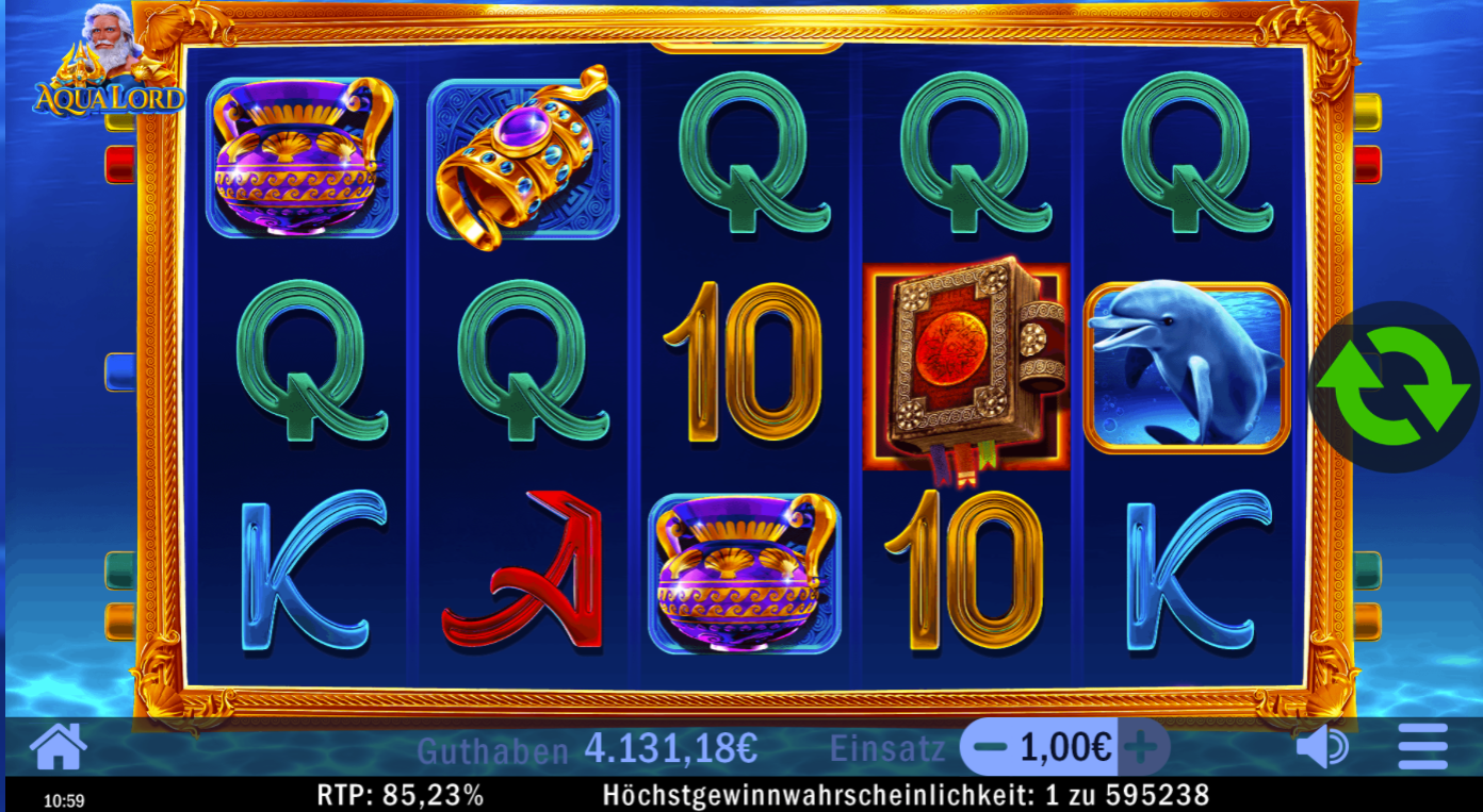 Aqua-Lord-Slot it Buch‑Scatter, Delfin, Amphore, Armband und Kartenwerten.