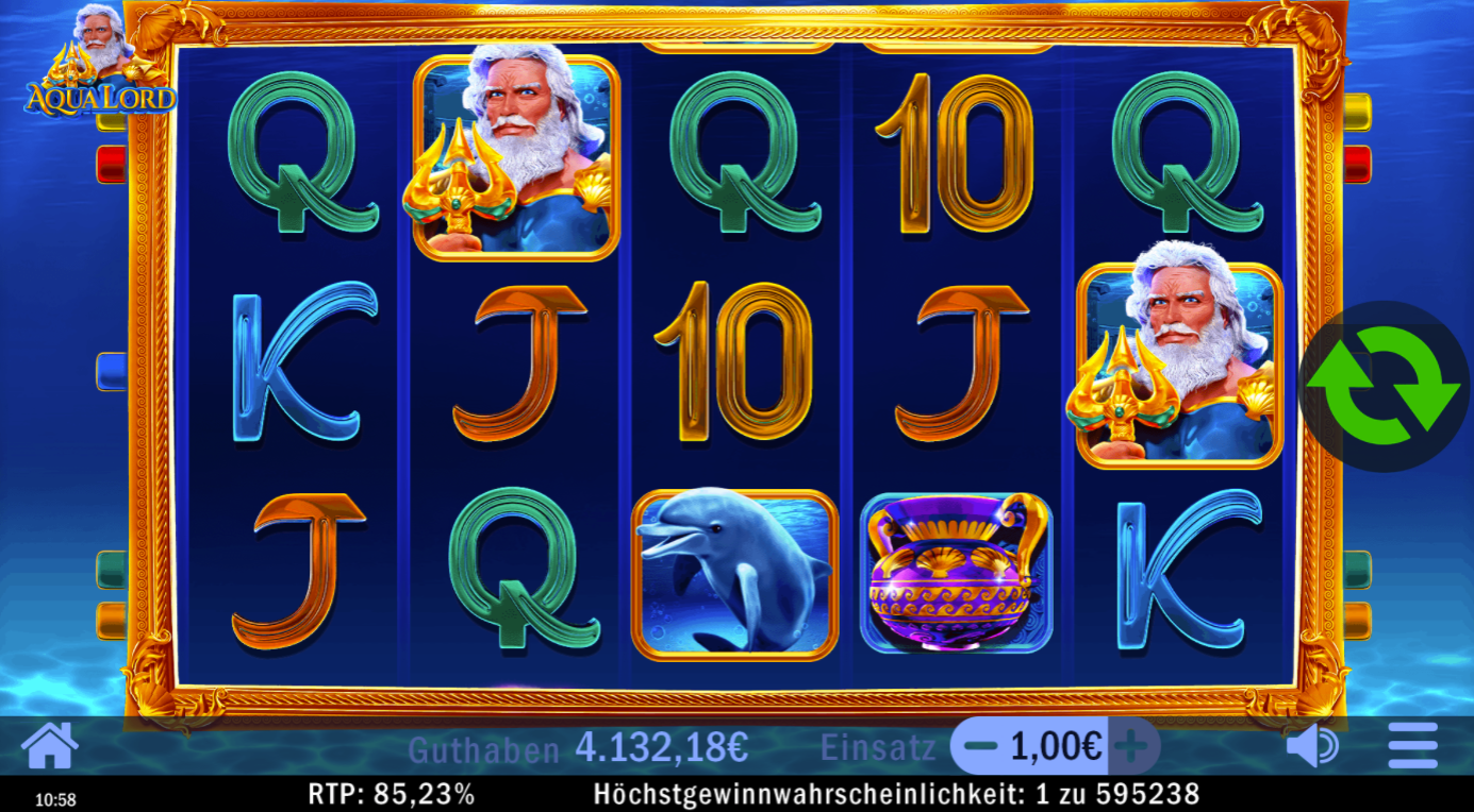 Aqua-Lord-Slot mit Poseidon‑Portr&auml;ts, Delfin, Amphore und Kartenwerten.