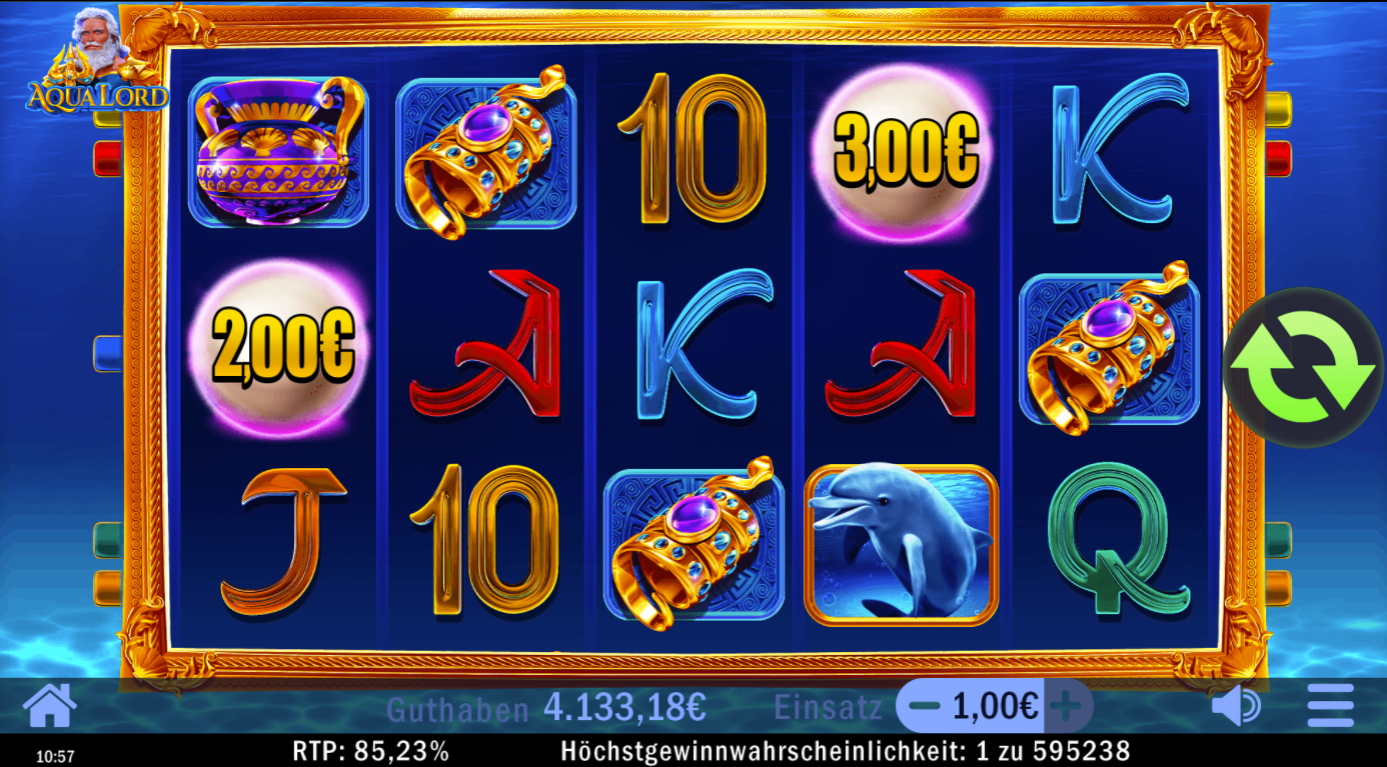 Aqua-Lord-Slot mit Perlen‑Geldwerten, Delfin, Amphore, Ring und Kartenwerten.
