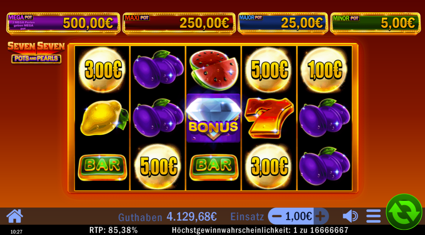 Seven-Seven-Pots-and-Pearls-Slot mit Bonus‑Diamant, Geldperlen, BAR, Siebenen und Fr&uuml;chten.