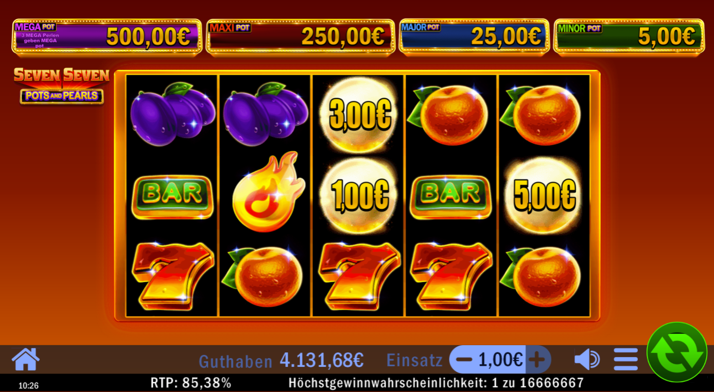 Seven-Seven-Pots-and-Pearls-Slot mit Geldwert‑Perlen, BAR, Flamme, Siebenen und Fr&uuml;chten.