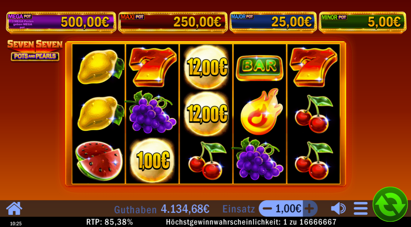 Seven-Seven-Pots-and-Pearls-Slot mit Perlen, Geldwerten, Siebenen, BAR, Flamme und Fr&uuml;chten.