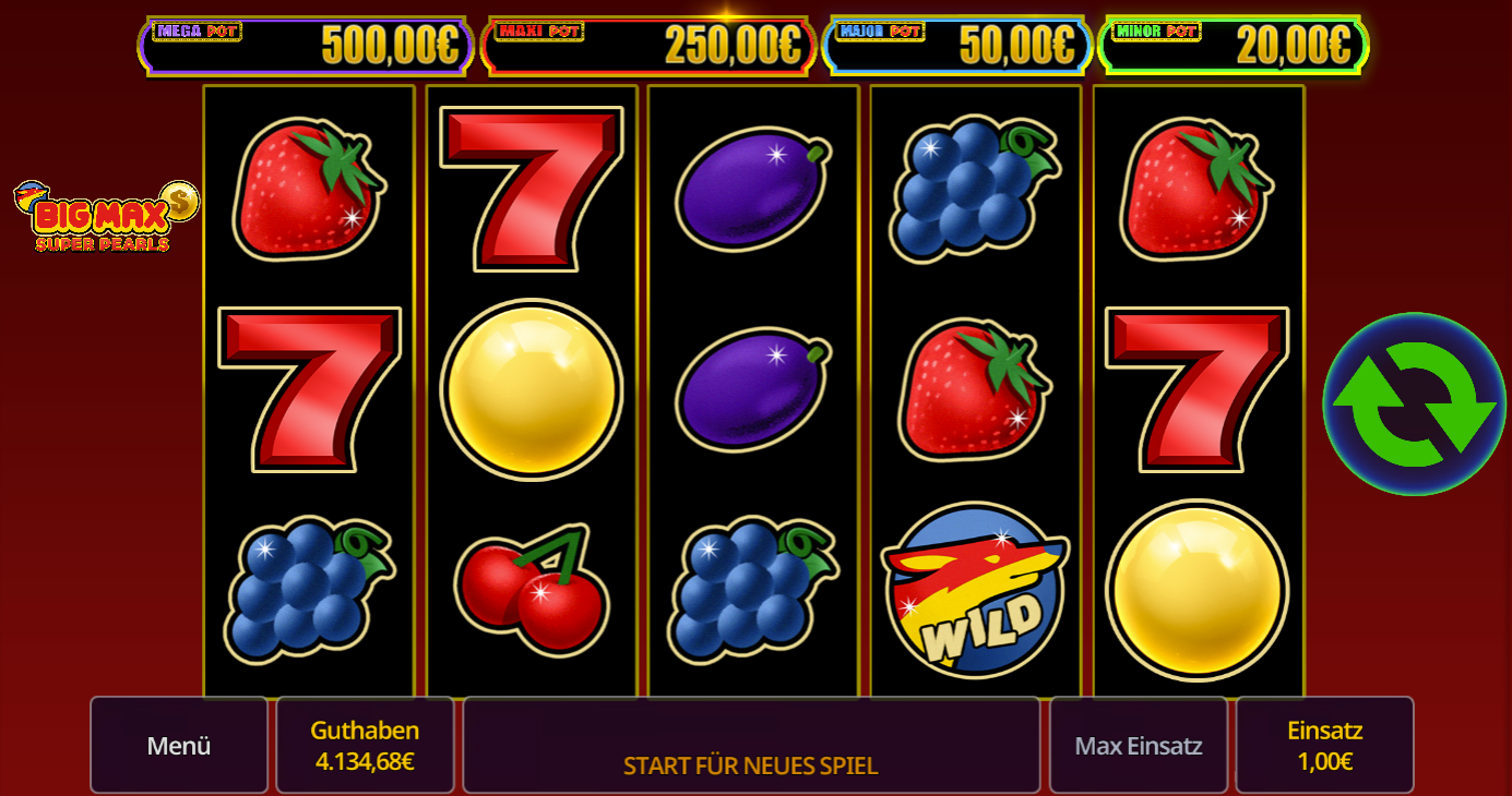 Big-Max-Super-Pearls-Slot mit Wild‑Fuchs, Perlen, Fr&uuml;chten und roten Siebenen.
