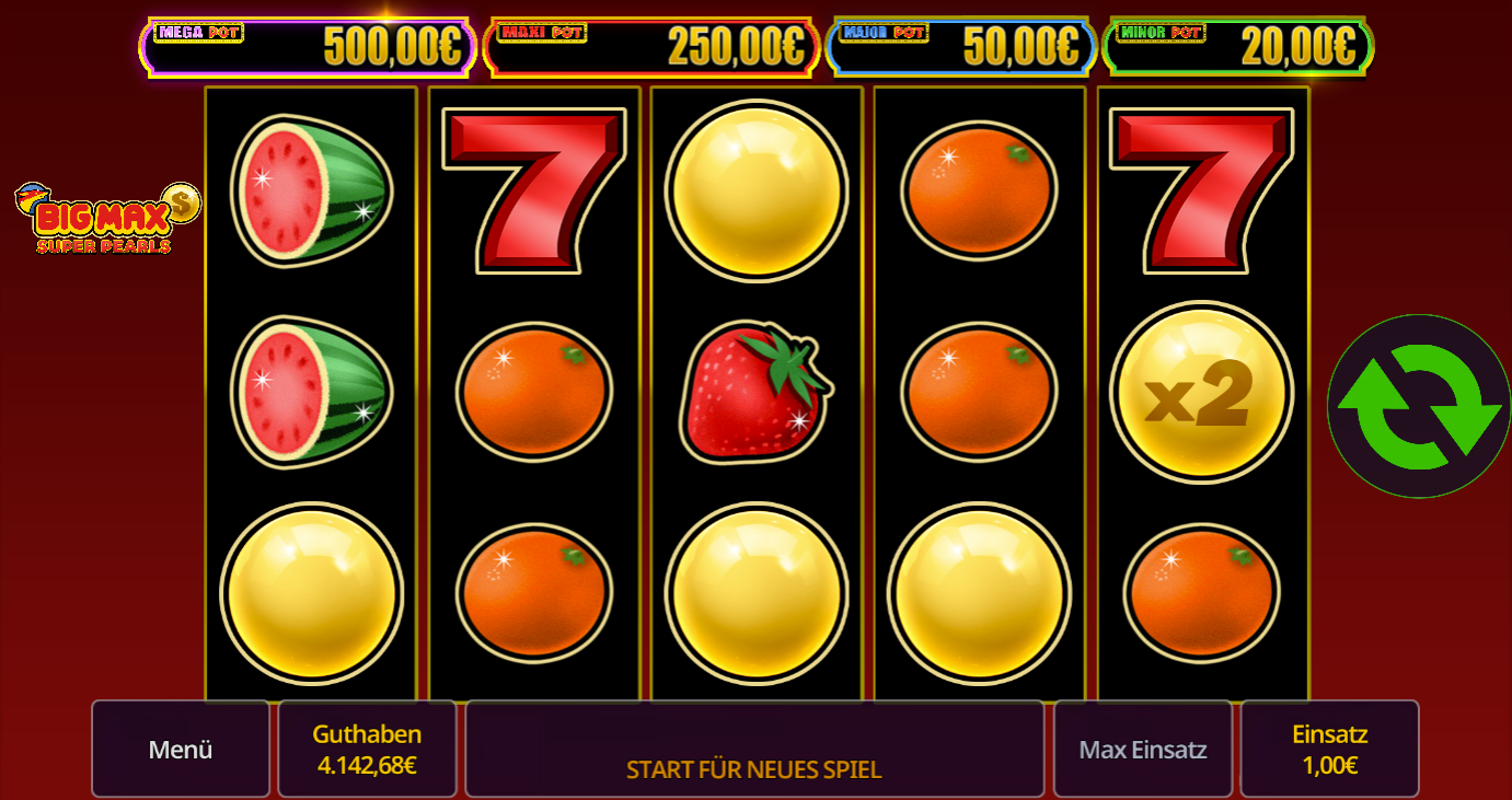 Big-Max-Super-Pearls-Slot mit Perlen, roten Siebenen, Orangen, Erdbeeren und x2‑Multiplikator.