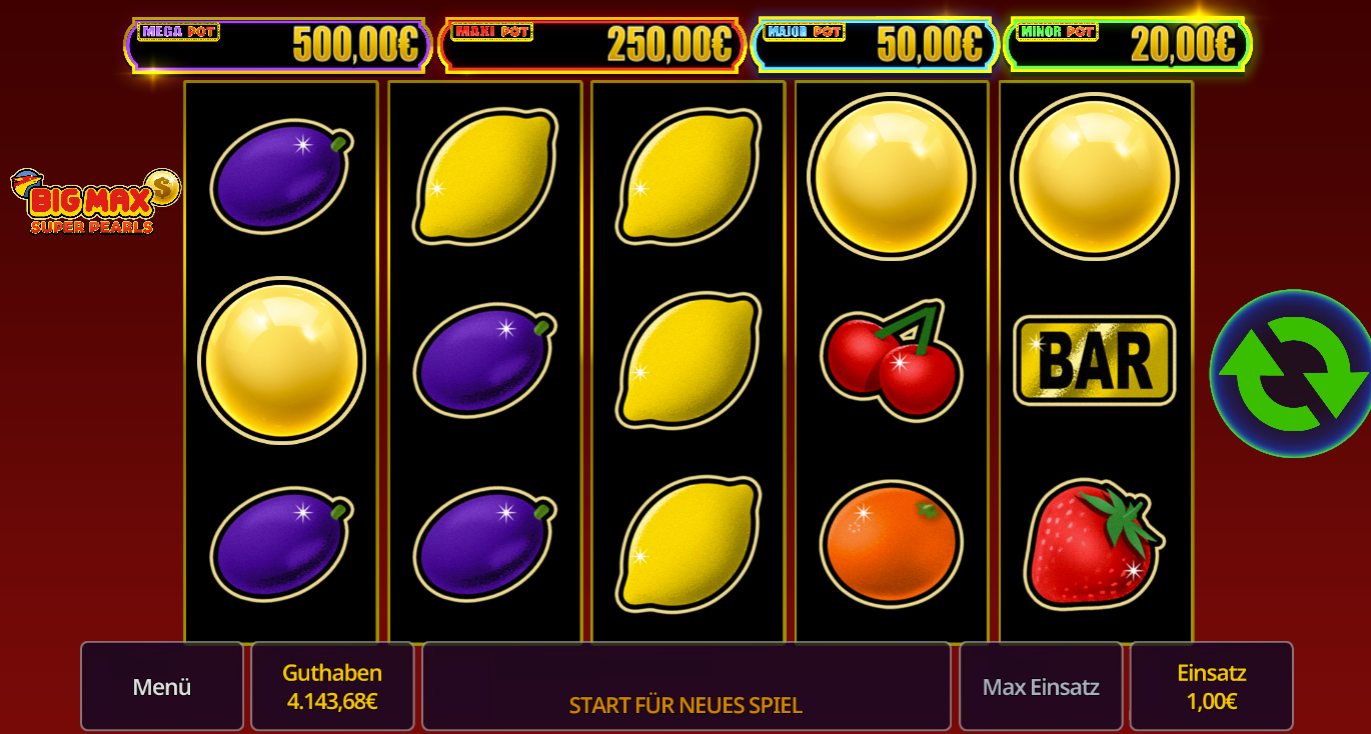 Big-Max-Super-Pearls-Slot mit Perlen, Zitronen, Pflaumen, Kirschen und BAR‑Symbol.
