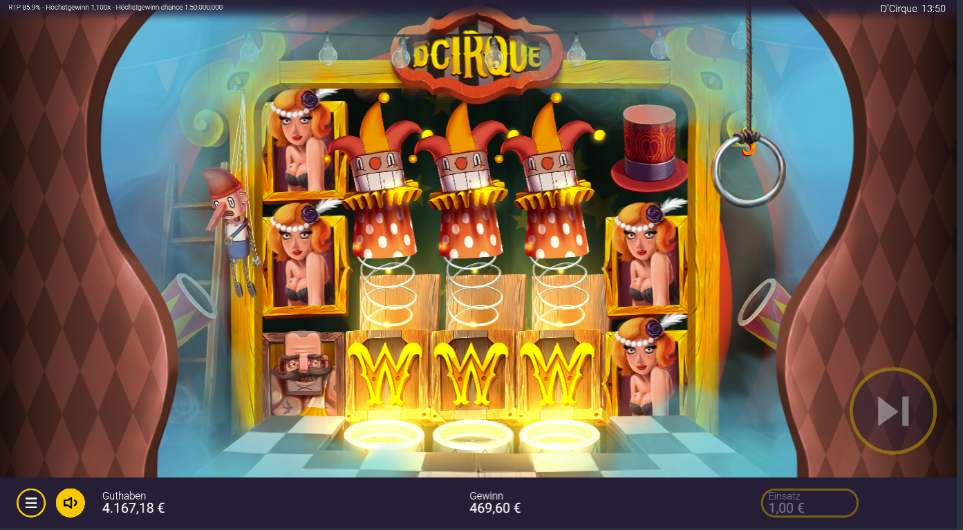 DCirque-Slot mit Joker‑Wilds, Artistin, Zylinder, Clown und leuchtenden Gewinnfeldern.
