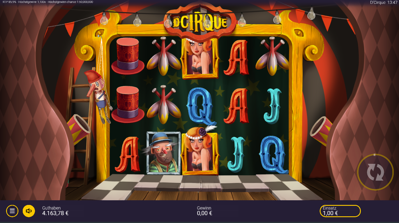 DCirque-Slot mit Zylindern, Keulen, Artistin, Mann‑Portr&auml;t und bunten Buchstaben.