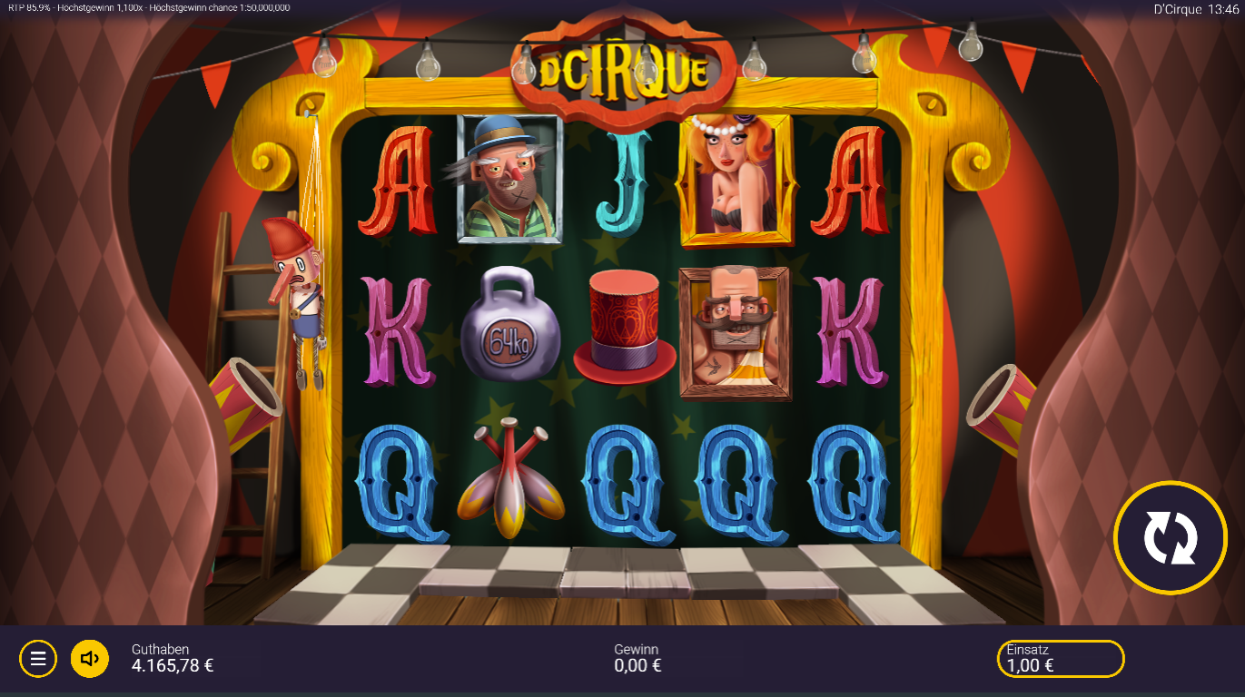 DCirque-Slot mit Clown‑Portr&auml;ts, Hantel, Zylinder, Akrobatik‑Symbolen und Buchstaben.
