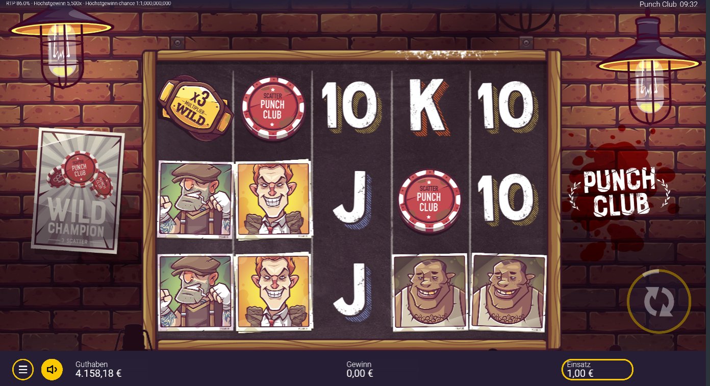 Punch-Club-Slot mit Scatter‑Chips, x3‑Wild‑G&uuml;rtel, Boxer‑Portr&auml;ts und Kartenwerten.