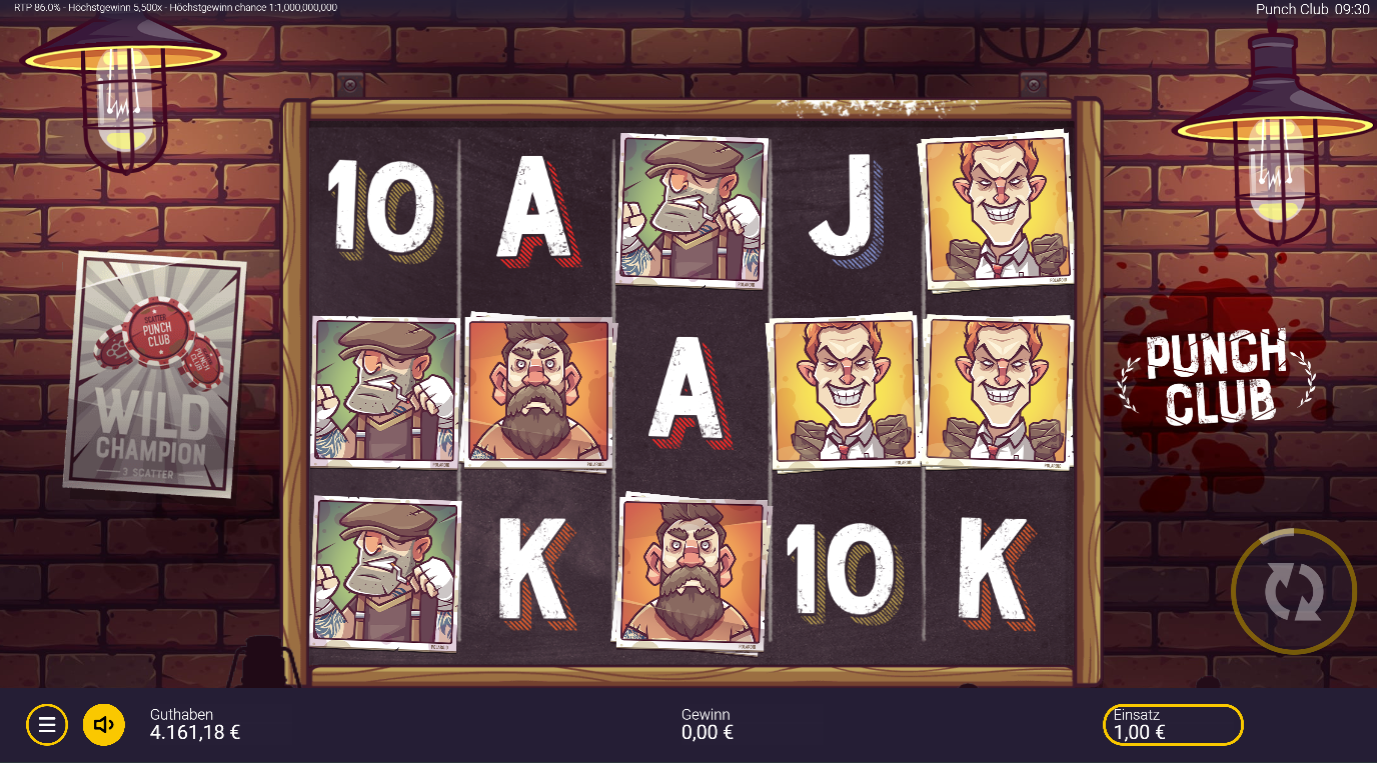 Punch-Club-Slot mit Boxern‑Portr&auml;ts, Wild‑Champion‑Karte, Backstein‑Arena und Kartenwerten.