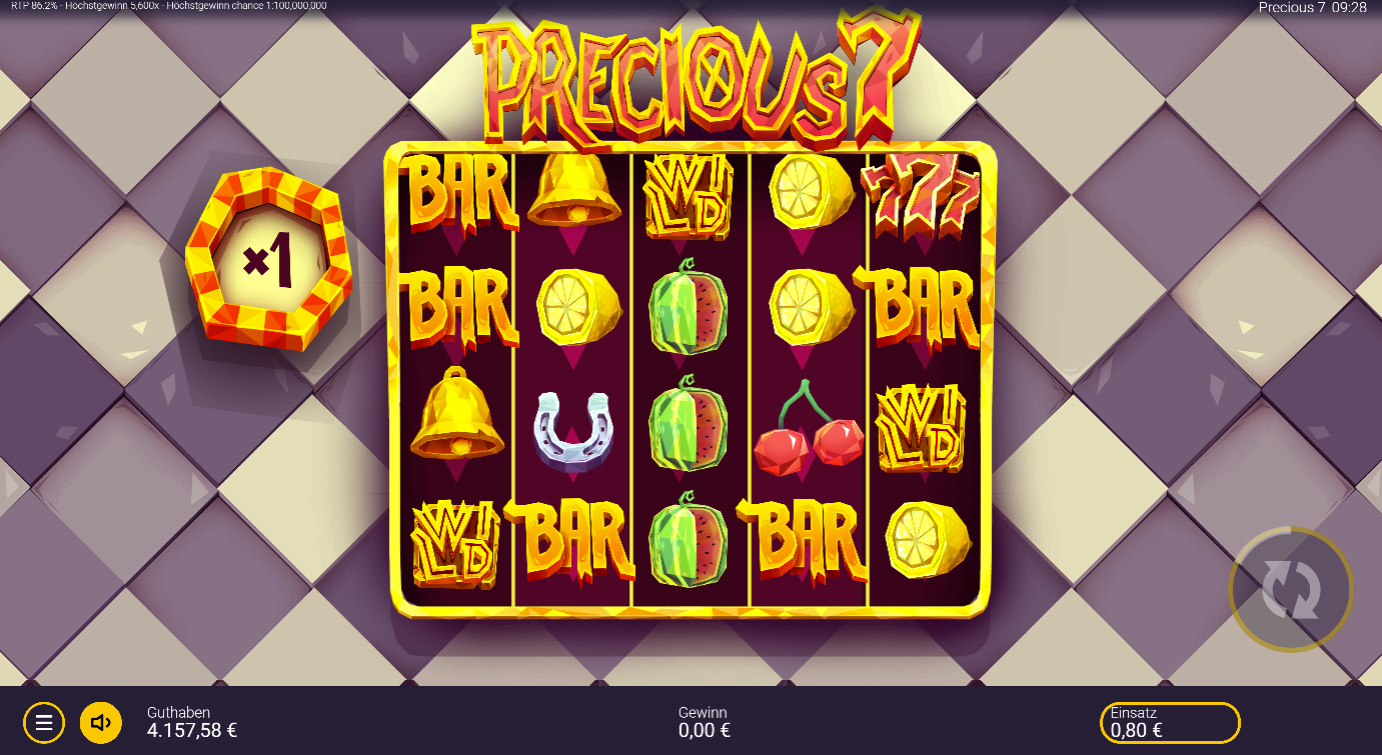 Precious-7-Slot mit Wild‑Symbol, BAR‑Feldern, Glocken, Zitronen, Kirschen und 777.