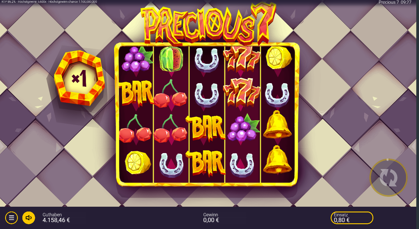 Precious-7-Slot mit BAR‑Symbolen, Kirschen, Glocken, Hufeisen, Zitronen und 777.