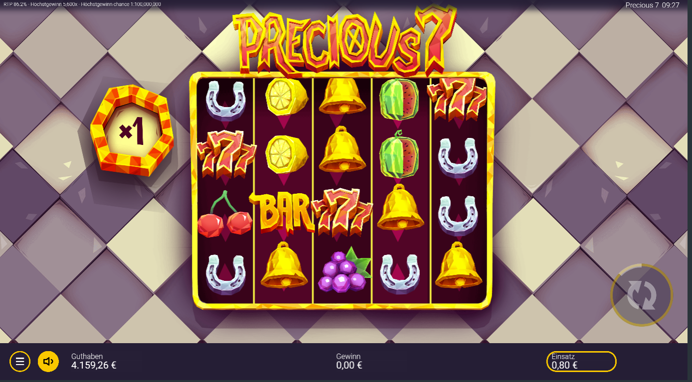 Precious-7-Slot mit goldenen Glocken, BAR‑Symbol, roten Siebenen, Fr&uuml;chten und Hufeisen.
