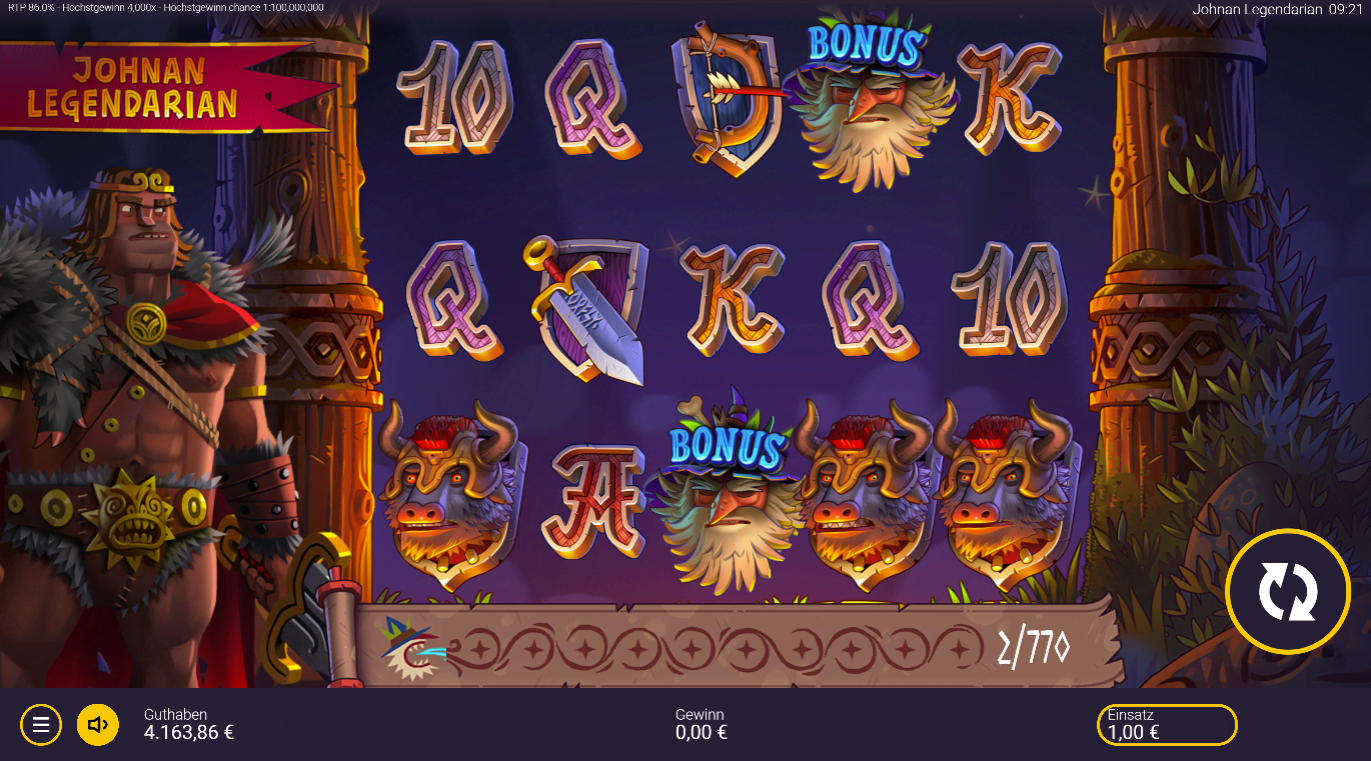 Johnan-Legendarian-Slot mit Bonus‑B&auml;rten, Tiermasken, Schwert‑Schild‑Symbolen und Kartenwerten.