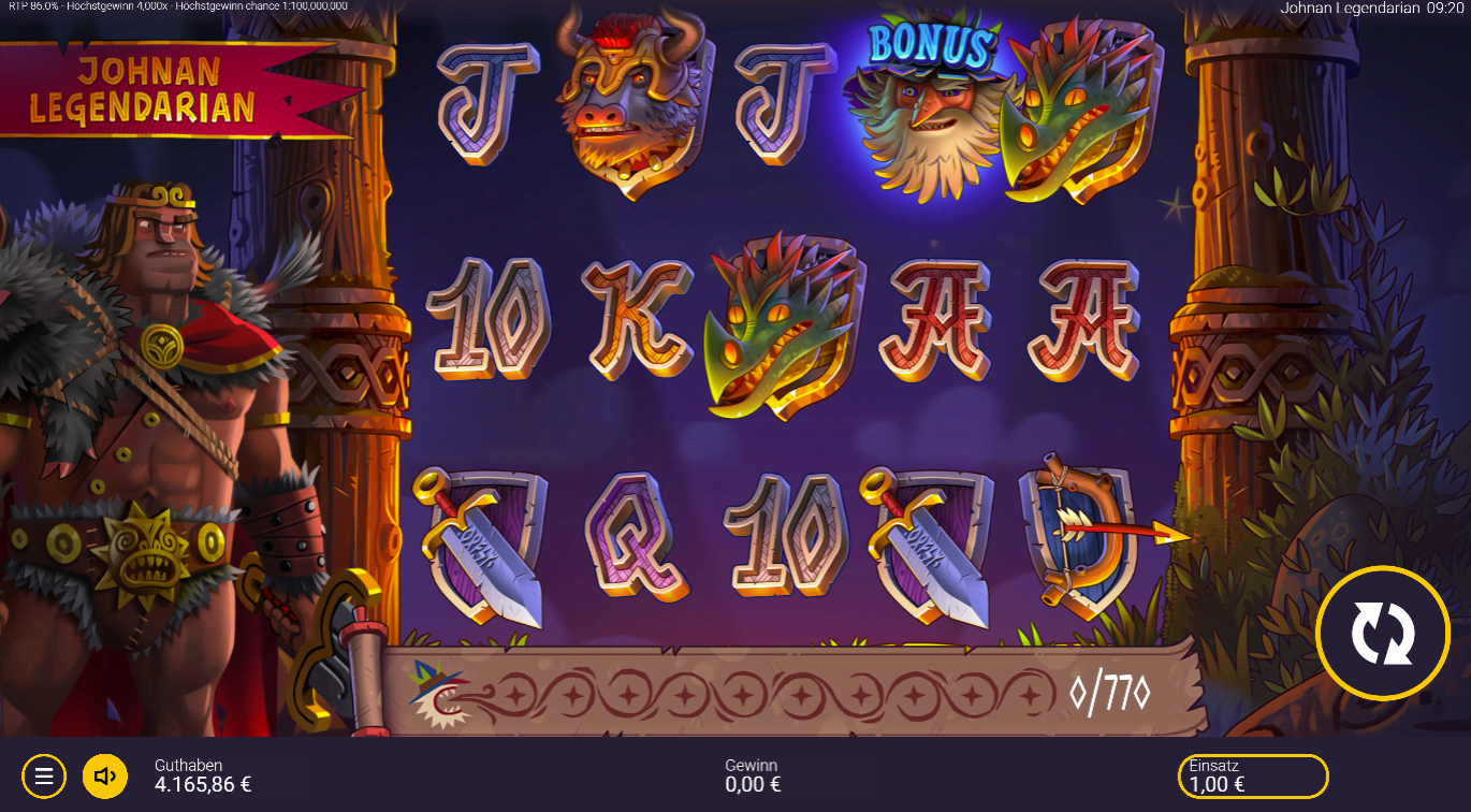 Johnan-Legendarian-Slot mit Bonus‑Symbol, Drachenkopf, Tiermasken, Schild und Kartenwerten.