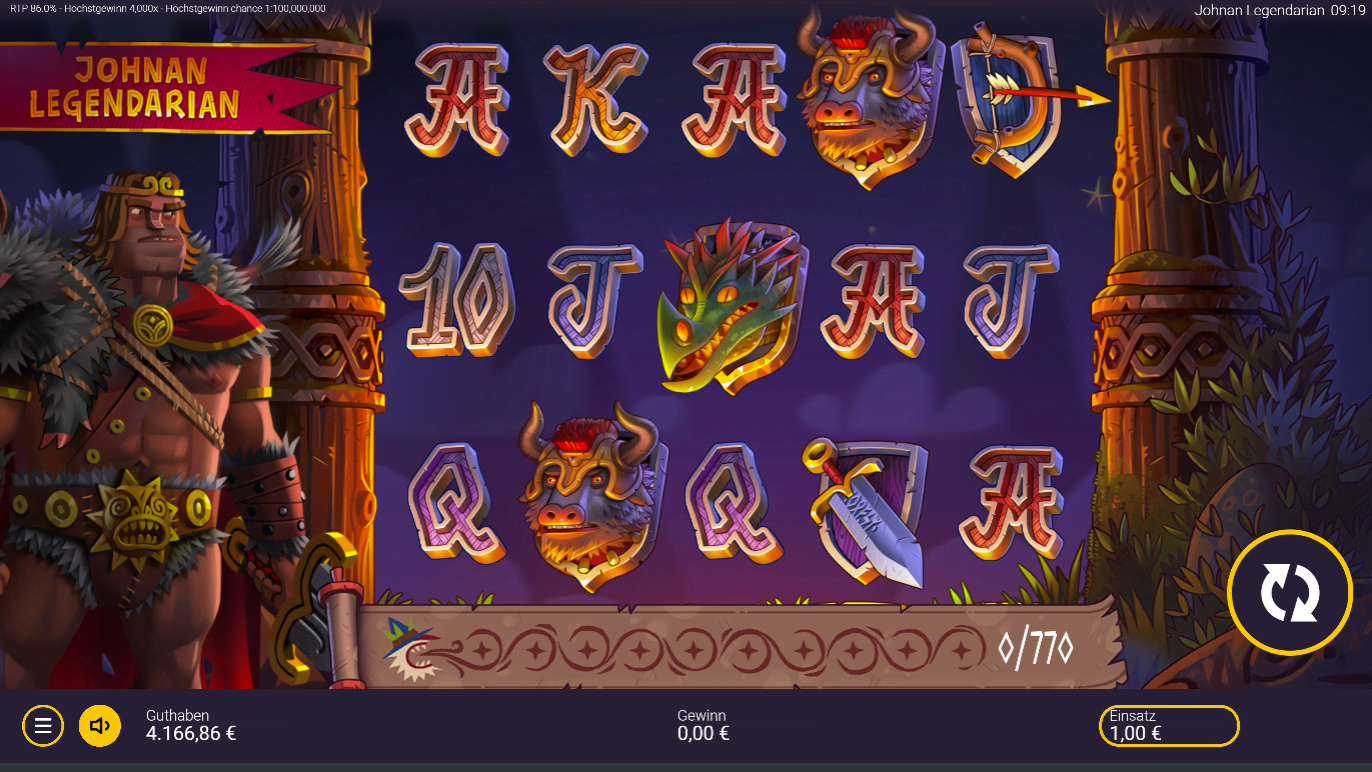 Johnan-Legendarian-Slot mit Wikinger‑Krieger, Drachenkopf, B&uuml;ffelmaske und Kartenwerten.