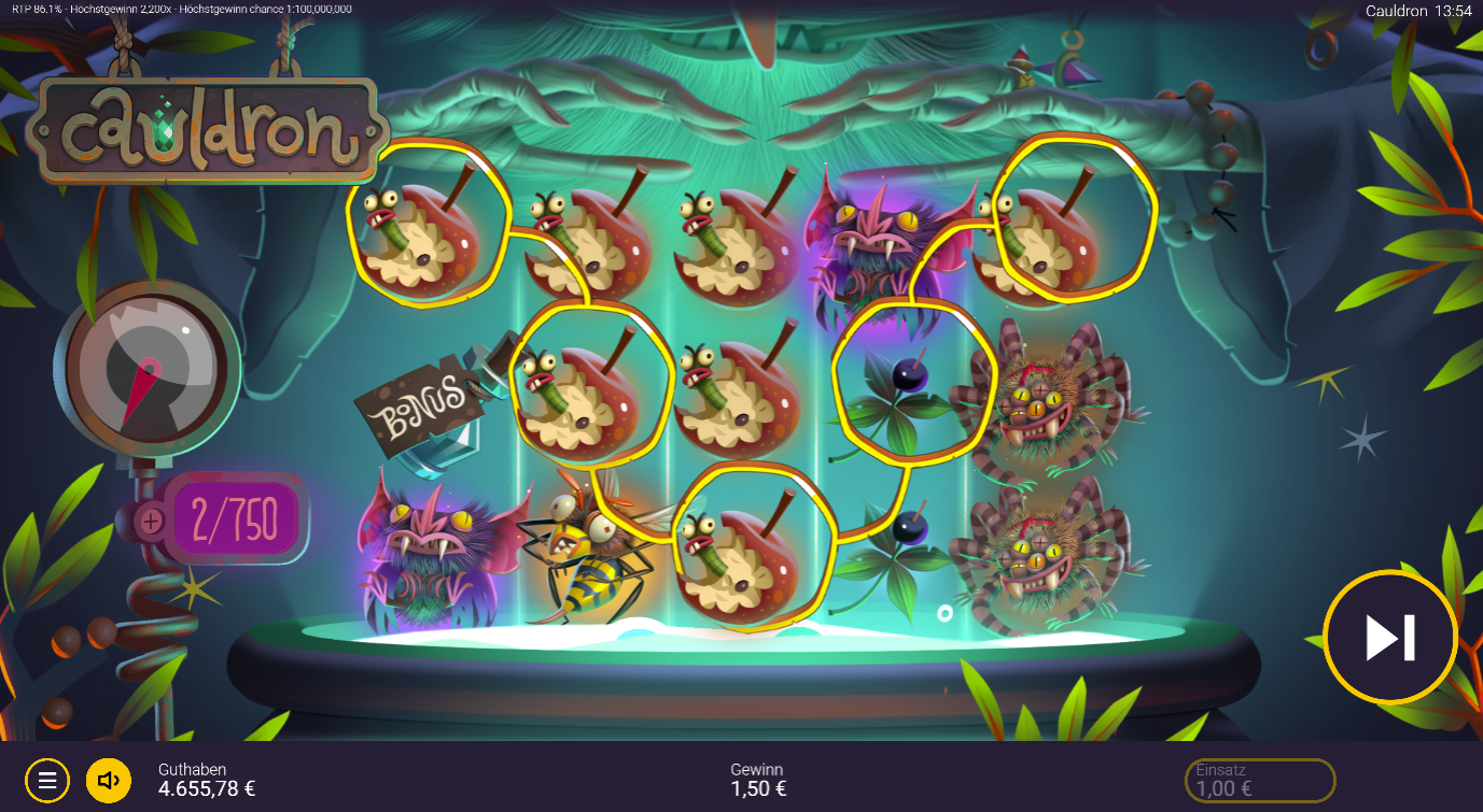 Cauldron-Slot mit verbundenen Apfel‑Symbolen, Bonus, Wespen, Monstern und Kessel.