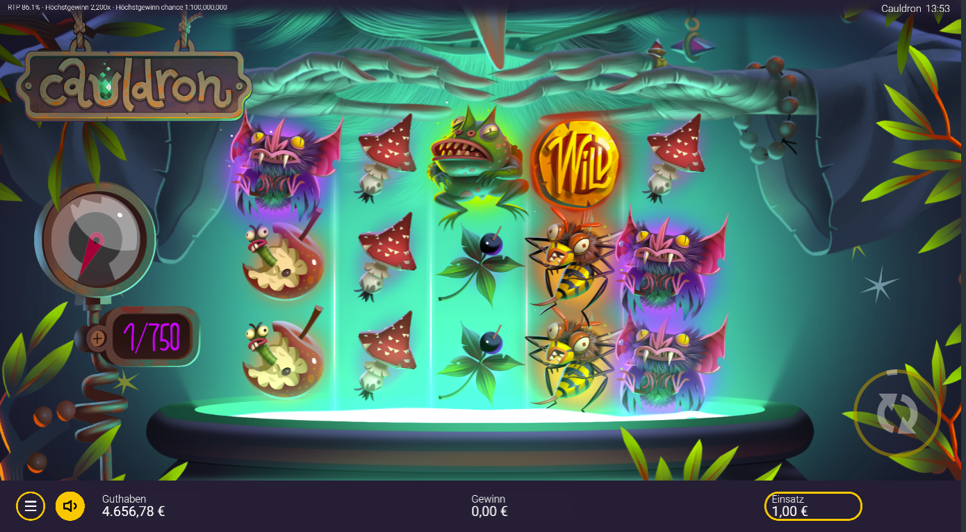 Cauldron-Slot mit Wild‑M&uuml;nze, Frosch, Pilzen, Wespen, Beeren und pelzigen Monstern.