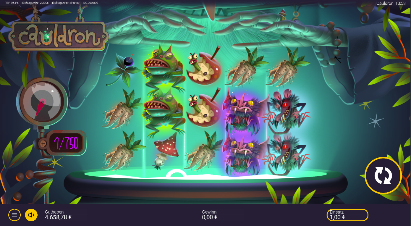 Cauldron-Slot mit Fr&ouml;schen, Wurzelknollen, Apfel mit Wurm und zotteligen Monstern.