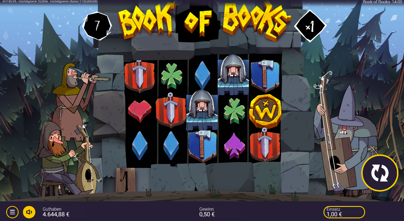 Book-of-Books-Slot mit W‑Wild, Ritterhelm, Schwertern, Schilden, Kleebl&auml;ttern und Symbolen.