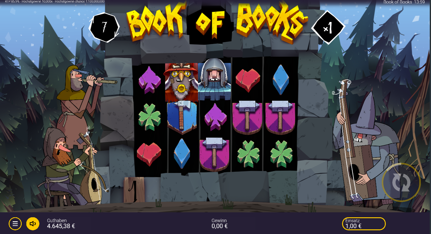 Book-of-Books-Slot mit Wikinger, Ritterhelm, &Auml;xten, Kleebl&auml;ttern und Kartenwerten.