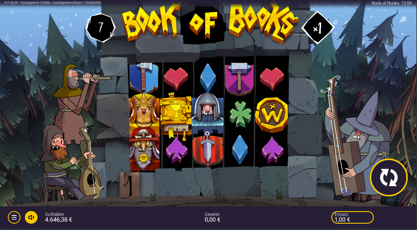 Book-of-Books-Slot mit goldener Truhe, Ritterhelm, Axt, Kleeblatt und W‑Wild.