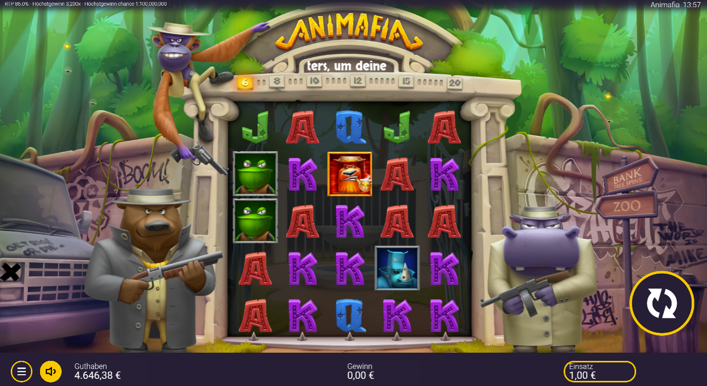 Animafia-Slot mit Frosch‑Wilds, Affen‑Boss und bunten Kartenwerten.